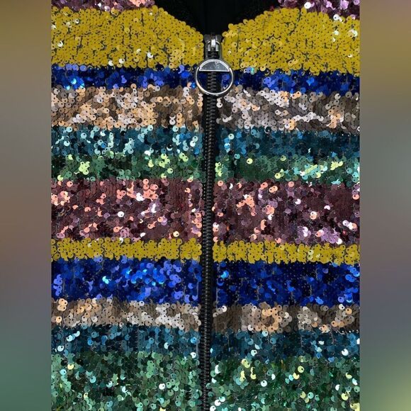 BEBE Sequin Bling Bomber Jacket Women Small Multicolor Striped Colorblock - Picture 2 of 6